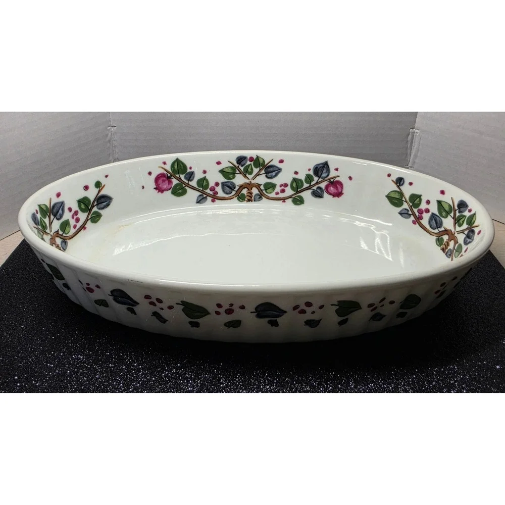 Vintage Oval Ceramic Baking Dish Fruit Vine Pomegranate White 12 Inch Casserole
